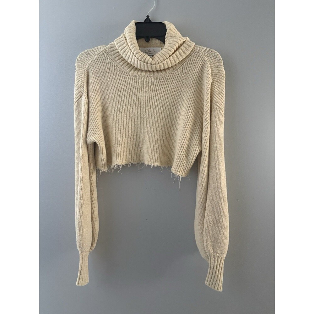 L’Academie Cropped Turtleneck Sweater Size S Beige Ribbed Balloon Sleeve Lucia